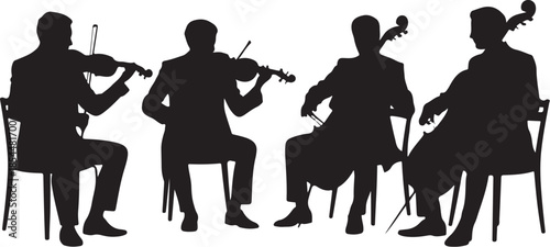 Black silhouette of string quartet playing music orchestra