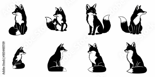 Eight Black and White Fox Vector Illustrations Set: Monochrome Wildlife Collection for Logo Design and Graphic Elements.