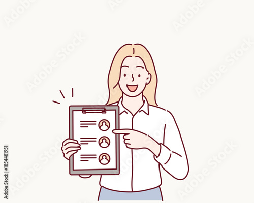 Businesswoman holding a personal file with employee profile and checklist. Original vector illustration drawn by hand.