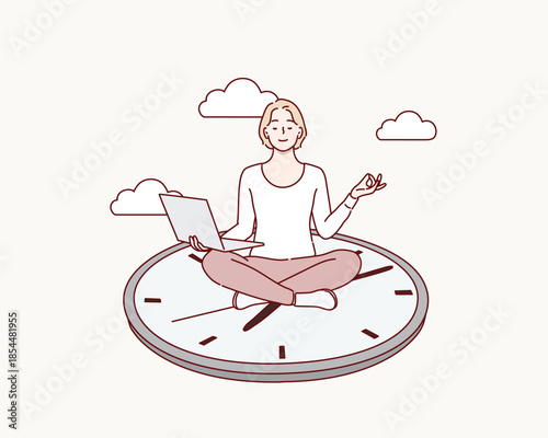 Peaceful person meditating on top of a clock, finding balance and calm, concept of break and time management. Original vector illustration drawn by hand.