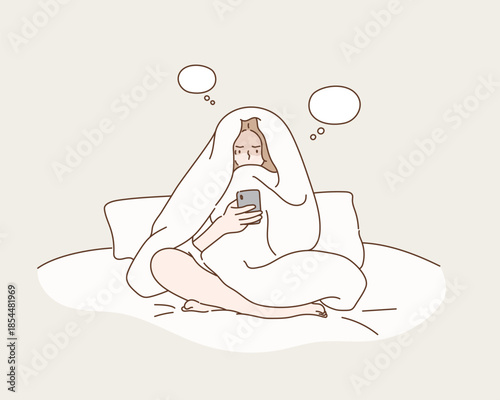 Woman sitting on a bed under a blanket, using a smartphone and lost in thought. Original vector illustration drawn by hand.
