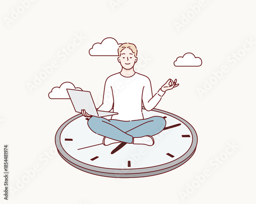 Peaceful person meditating on top of a clock, finding balance and calm, concept of break and time management. Original vector illustration drawn by hand.