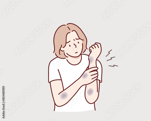 sad woman looking at bruises on her arms after an accident. Original vector illustration drawn by hand.