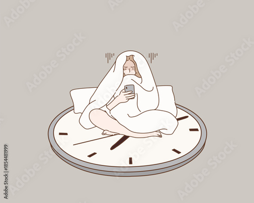 Lazy and anxious woman lying on top of a clock, covered with a blanket while using a smartphone. Original vector illustration drawn by hand.