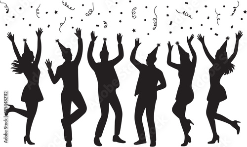 Black silhouettes of people celebrating with confetti and party hats