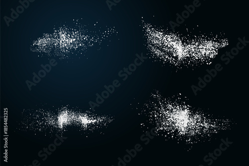 Sugar or salt powder piles set isolated on transparent background. Vector realistic illustration of white dry substance scattered on surface, ground food seasoning,
