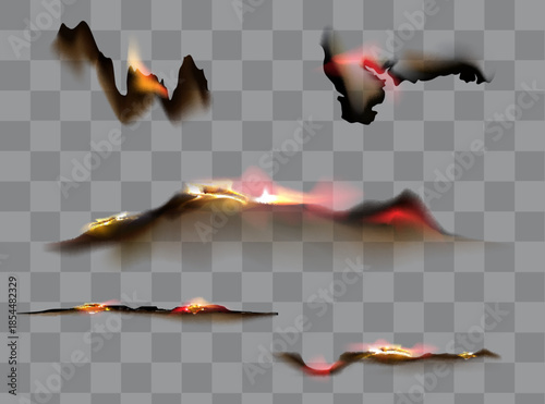 Fire on burnt paper edges. Frames with burn effect with yellow flame, black ash and scorched edges of pages or parchment sheets isolated on transparent background,