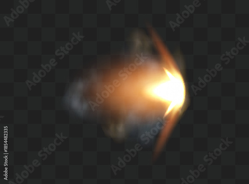 Gun flashes with smoke and fire sparkles. Pistol shots clouds, muzzle shotgun explosion. Blast motion, weapon bullets trails isolated on black background.