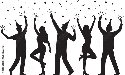 Black silhouettes of people celebrating with sparklers and confetti