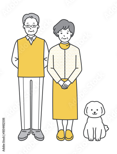 高齢者夫婦と犬のイラストベクター素材