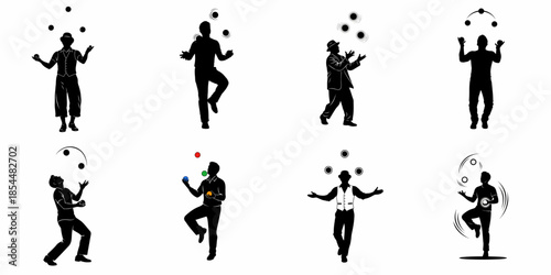 Eight Black Silhouettes of Juggling Men Vector Collection Showing Performers with Balls, Skill, and Entertainment.