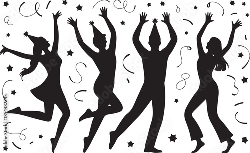 Black silhouettes of people dancing with party hats and confetti