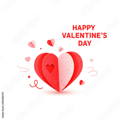 Vibrant flat vector illustration of a layered paper-cut heart design for Valentine's Day, symbolizing love and romance with decorative elements and a festive greeting