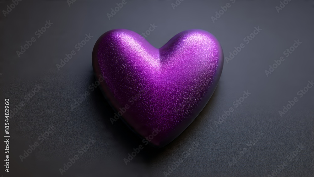 Fototapeta premium Shiny Purple Heart Shape Object on Dark Textured Background, Romantic Symbol, Love Concept