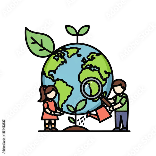 Global environmental care concept featuring children tending to plants on the Earth, symbolizing sustainability, education, and ecological preservation efforts for a healthier planet