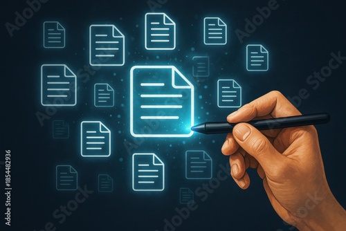 Hand using digital pen to annotate glowing documents, symbolizing modern data management, digital workflows, and document collaboration in a virtual workspace.
