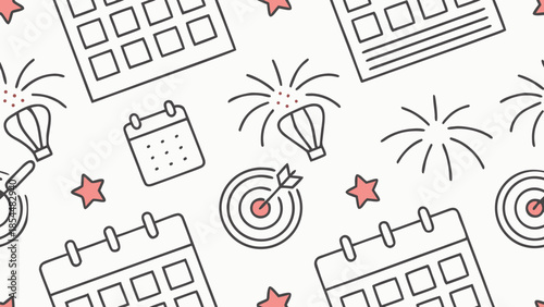Seamless pattern of business planning doodles with calendars, targets and fireworks