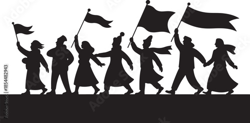 Black silhouettes of people marching with flags parade
