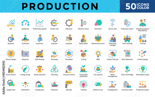 Production icons set with distribution, loading dock, shipment, barcode, performance graph, tracking, delivery truck icon. Simple color vector 
