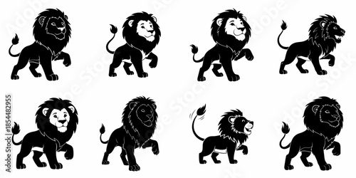 Set of Eight Black Silhouette Lion Icons: Cartoon and Stylized Illustrations of Male Lions in Various Walking and Standing Poses for Mascot Design.