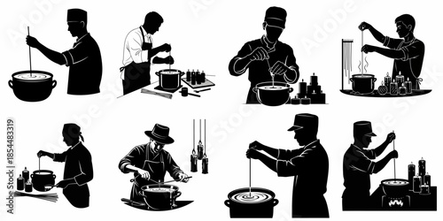 Silhouettes of Candlemakers: Collection of Artisans Hand-Dipping Wicks in Melted Wax for Traditional Candle Crafting.