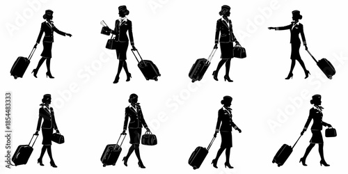 Silhouettes of elegant flight attendants and air hostesses walking with rolling luggage, illustrating professional aviation careers.