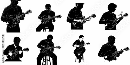Vector silhouette collection of mandolin players performing traditional bluegrass and folk music in various poses.