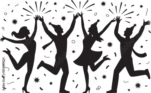 Four black silhouettes of people celebrating with confetti