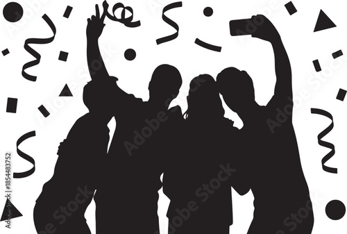 Four friends silhouetted taking a selfie with confetti