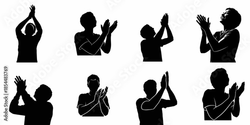 Eight Silhouettes of People Clapping and Applauding in Various Enthusiastic Poses, Black and White Vector Illustration for Applause and Celebration.