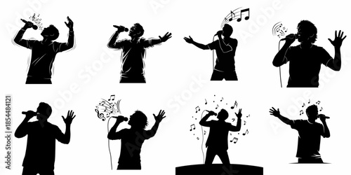 Singing silhouettes set: Eight black vectors depicting male vocalists performing live with microphones and musical note effects, isolated for design.