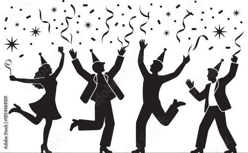 Four people celebrating with confetti and party hats