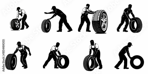 Collection of vector illustrations showing auto service workers and mechanics in various poses handling or rolling vehicle tires for repair and maintenance.