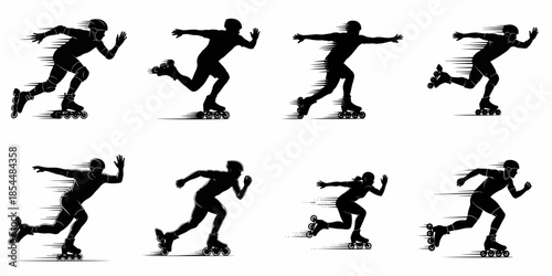 Dynamic black silhouettes set of inline speed skaters in action poses, showing motion blur effects and fast rollerblading competition.