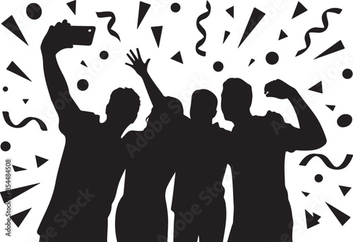 Four people silhouette taking selfie with confetti