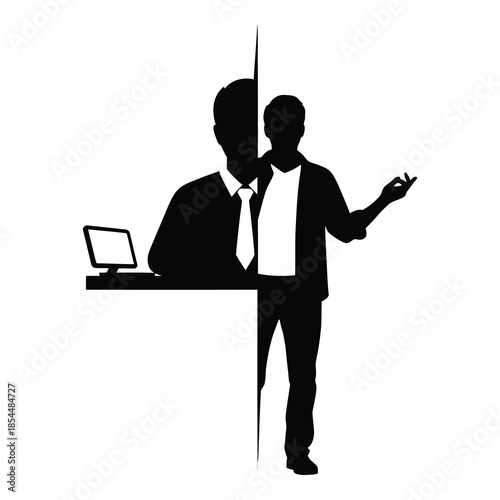 Silhouette showing a duality between a formal suited office worker with a computer and a relaxed casual person gesturing openly on white background