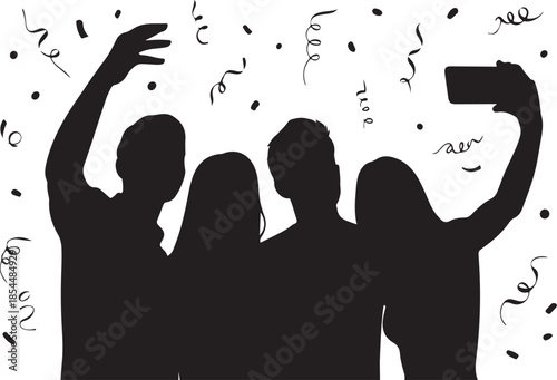 Four people taking a selfie with confetti silhouette