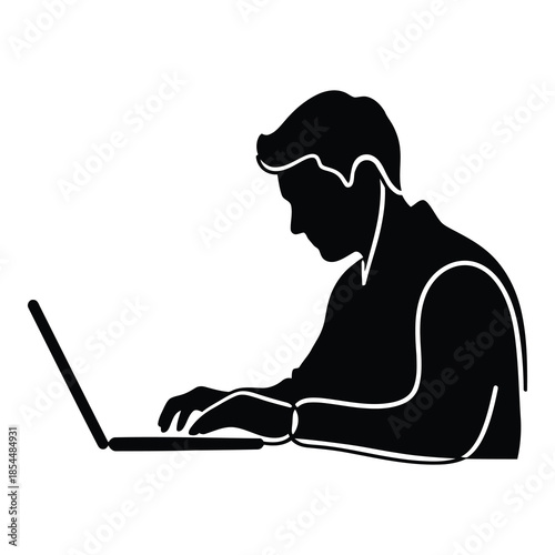 Silhouette illustration of a focused professional man diligently typing on a modern laptop computer for work or study on white background