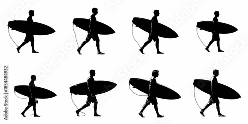 Black and white silhouette set of a young surfer walking with a surfboard under his arm, perfect for summer sports design.