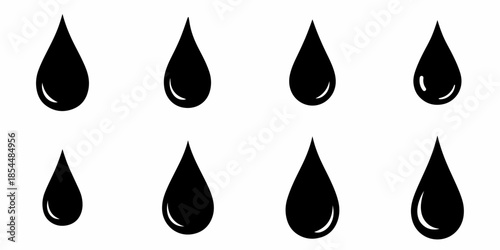 Black drop icon set. Eight different droplet silhouettes representing water, oil, blood, or liquid symbols isolated on white vector graphic illustration.