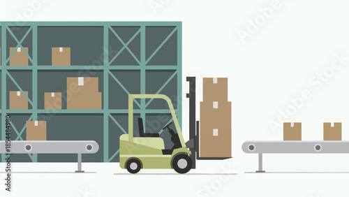 A light green forklift transports a vertical stack of three cardboard boxes between grey conveyor belts, set against a backdrop of tall teal industrial shelving units fully stocked with inventory