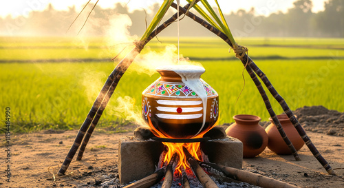 Pongal Festival Celebration with Boiling Rice in Decorated Clay Pot over Outdoor Wood Fire in Paddy Field at Sunrise