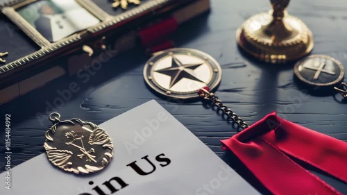 Military recruitment invitation with medals on desk