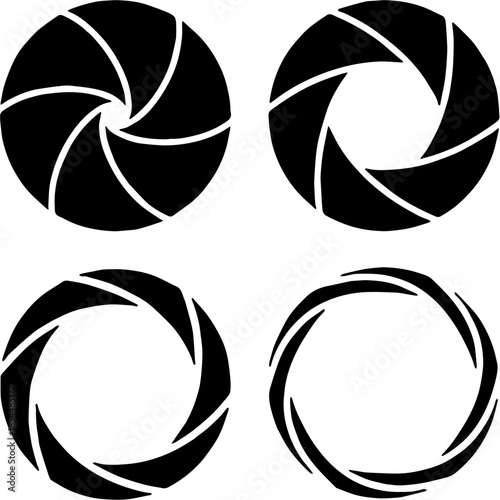 Camera shutter aperture icon set, photography lens iris diaphragm silhouette vector illustration isolated on white