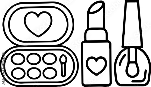 Cosmetic and makeup set line art illustration, eyeshadow palette lipstick and nail polish icon