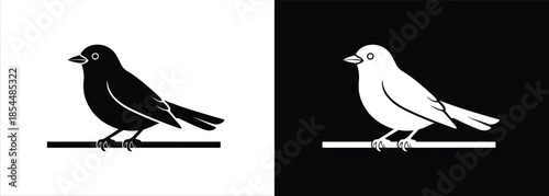 A minimalist illustration of a bird perched on a branch, depicted in contrasting black and white, viewed from the side.