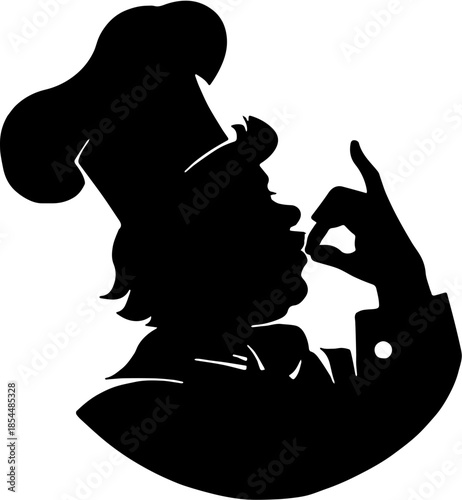 Chef silhouette with toque hat making delicious gesture, bakery or restaurant vector illustration