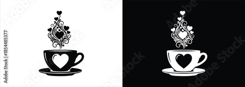 A heart-shaped coffee cup and saucer illustration on a contrasting background