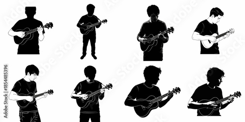 Collection of eight silhouettes and illustrations of young men playing the ukulele, a monochromatic vector music set.