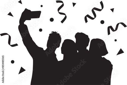 Group of people taking a selfie with confetti and streamers